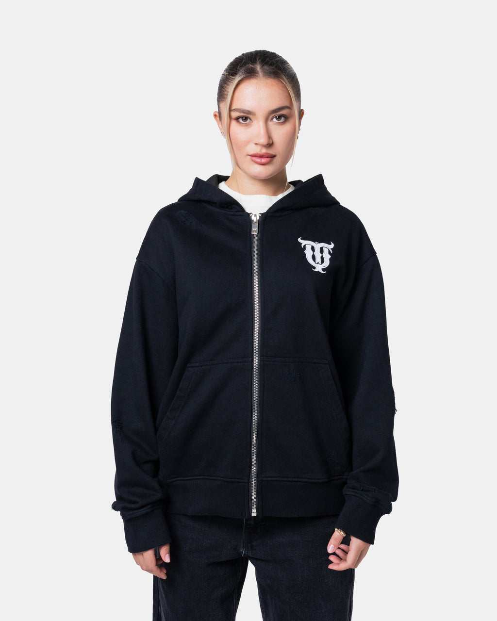 QT PEARL ZIPPER HOODIE BLACK