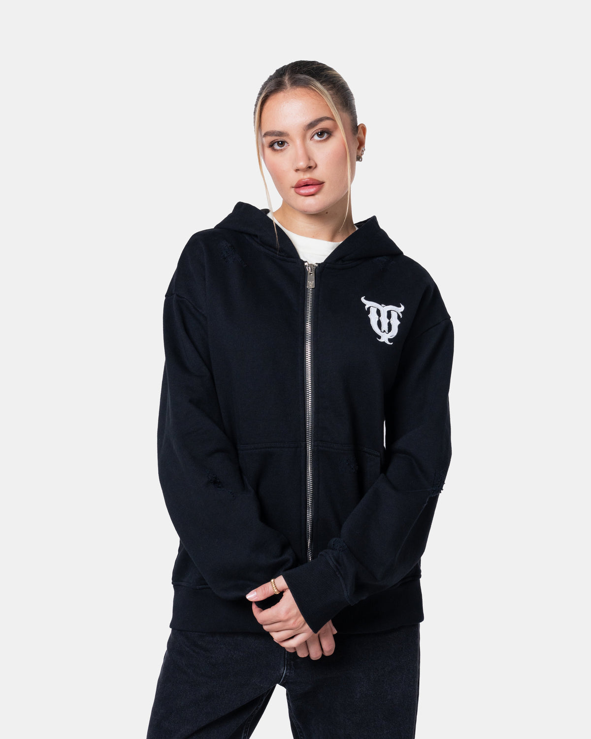 QT PEARL ZIPPER HOODIE BLACK